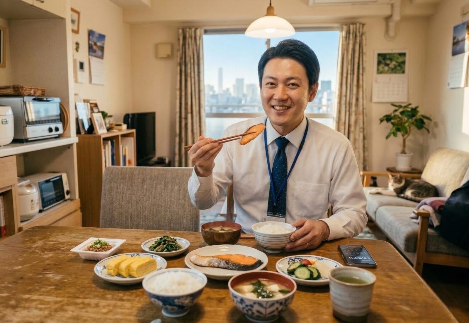 朝食を食べているサラリーマンの画像