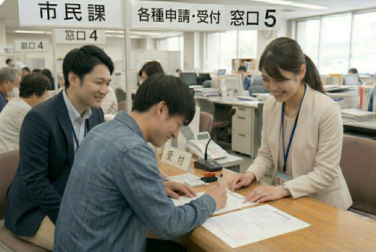 役所で手続きをしている画像